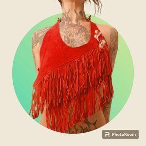 Vintage 70's Red Leather Halter Fringe Boho Crop Top Small